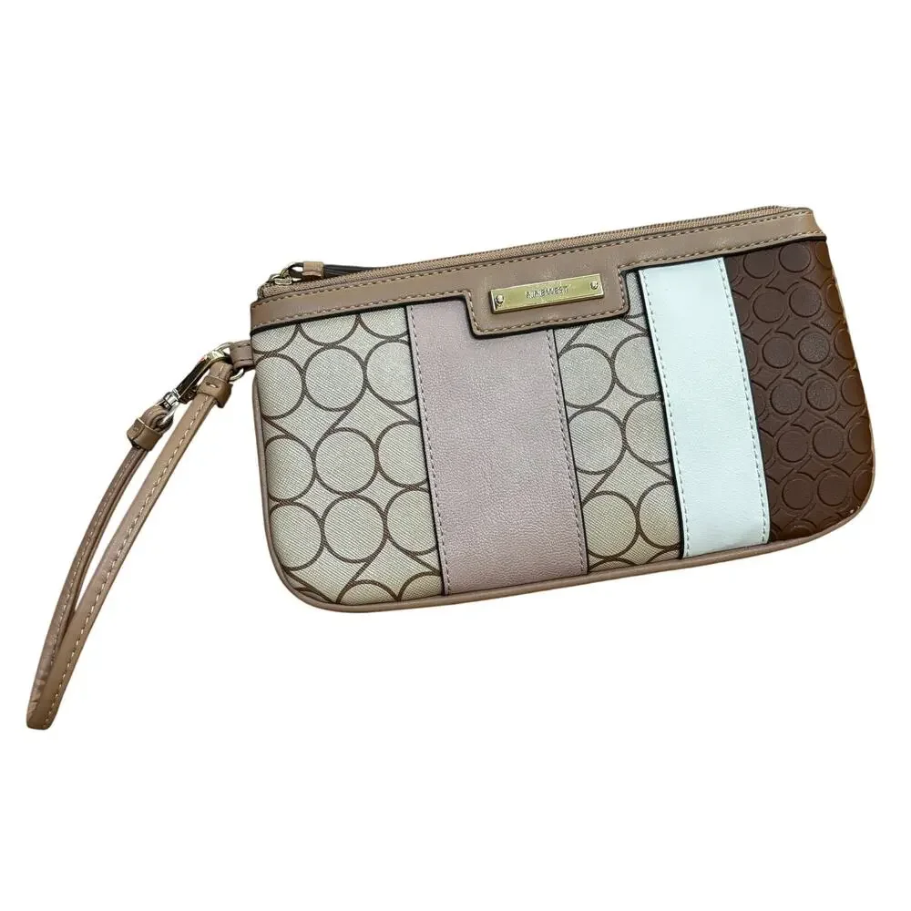 Nine West patchwork stripes wristlet pouch mini clutch purse bag tan zip top